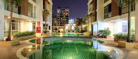 Outdoor pool, pool umbrellas, pool loungers