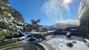 Un espace extérieur enneigé, avec un mur de pierre, une piscine et une vue sur les montagnes.