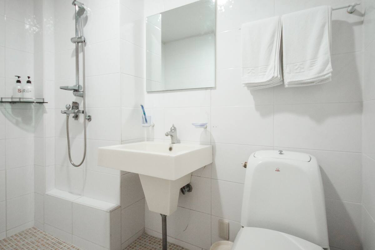 family room | bathroom | shower, free toiletries, hair dryer, slippers