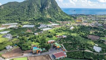 An aerial view of a rural area with a large mountain, agricultural fields, and scattered buildings.
