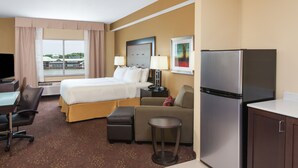 Une chambre d’hôtel équipée d’un lit, d’un canapé, d’un bureau, d’un réfrigérateur et offrant une vue sur une étendue d’eau.