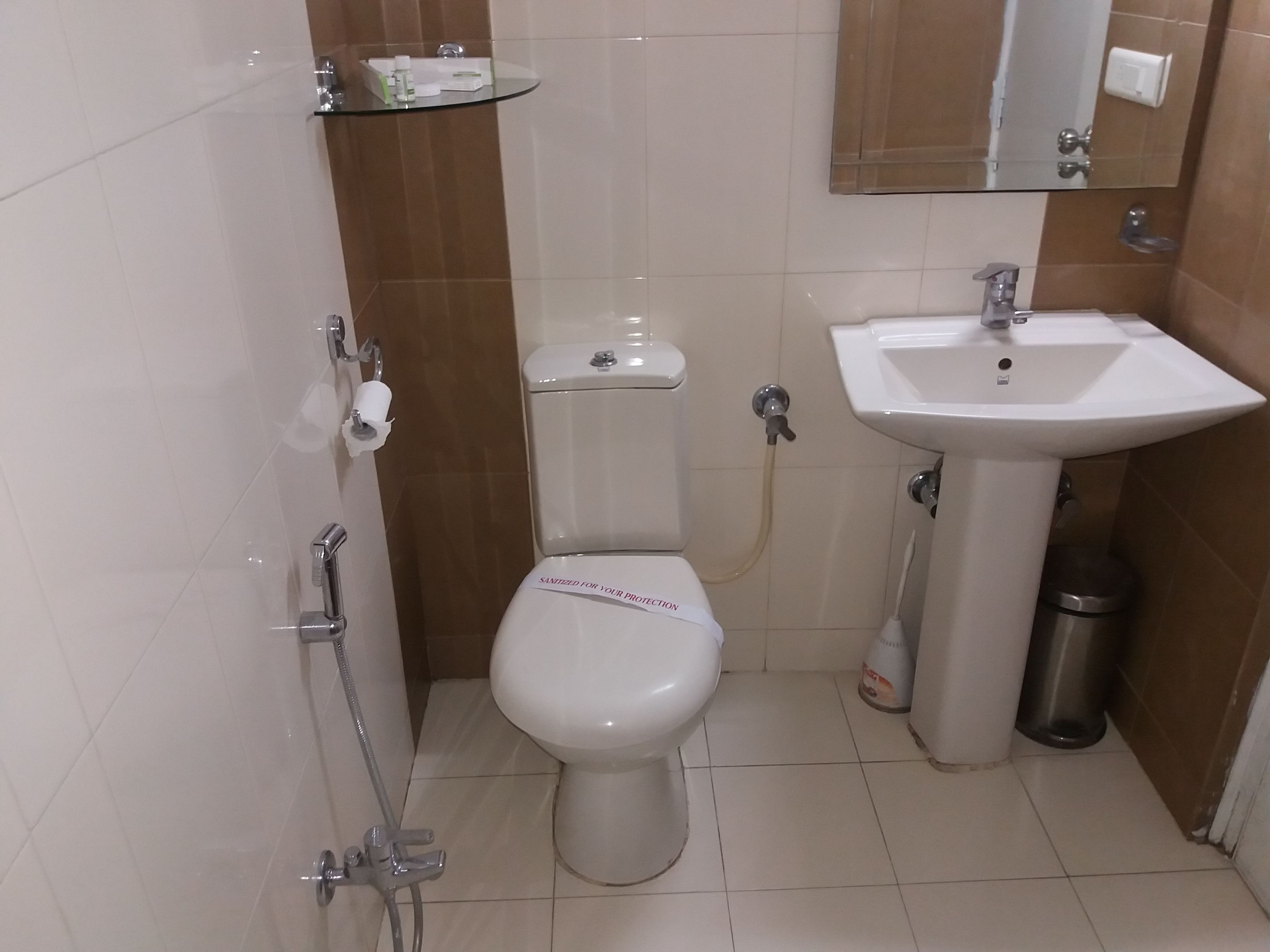 A bathroom with a toilet, a sink, and a glass shelf.