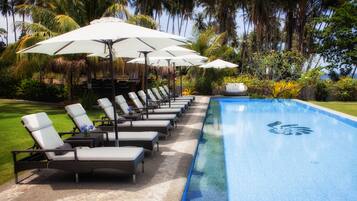 Outdoor pool, pool umbrellas, pool loungers