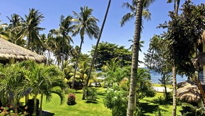 A tropical garden with palm trees, a thatched-roof structure, and a view of the ocean.