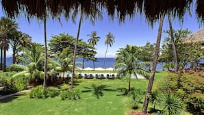 A tropical resort with a well-maintained lawn, palm trees, and a pool area with umbrellas.