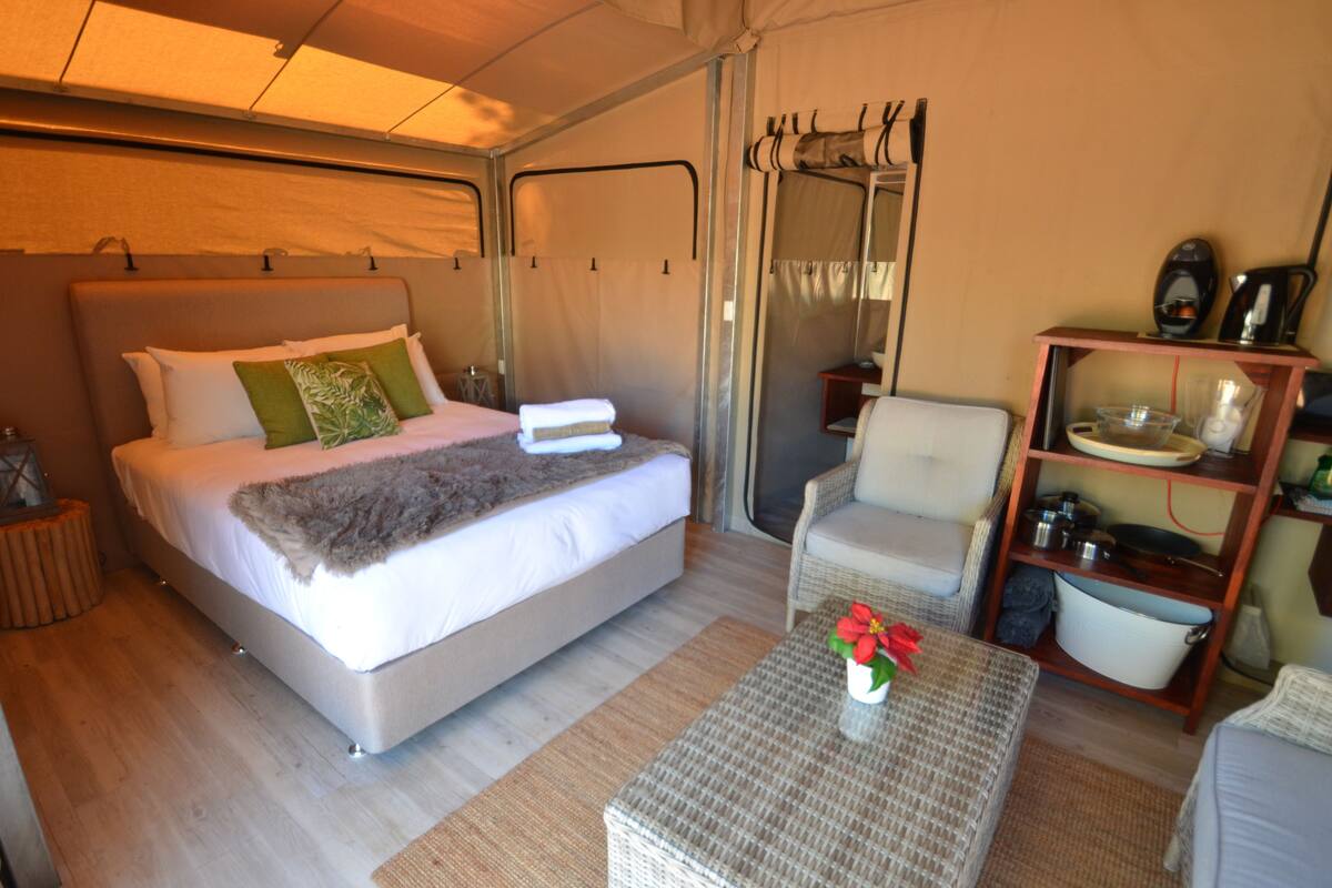 A tent-style room with a bed, a chair, a small table with a flower, and a shelf with kitchen items.