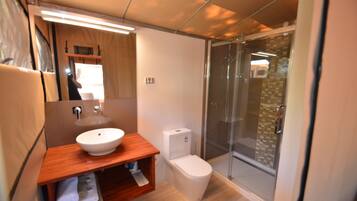 A modern bathroom with a wooden vanity, a white sink, a toilet, and a glass shower enclosure.