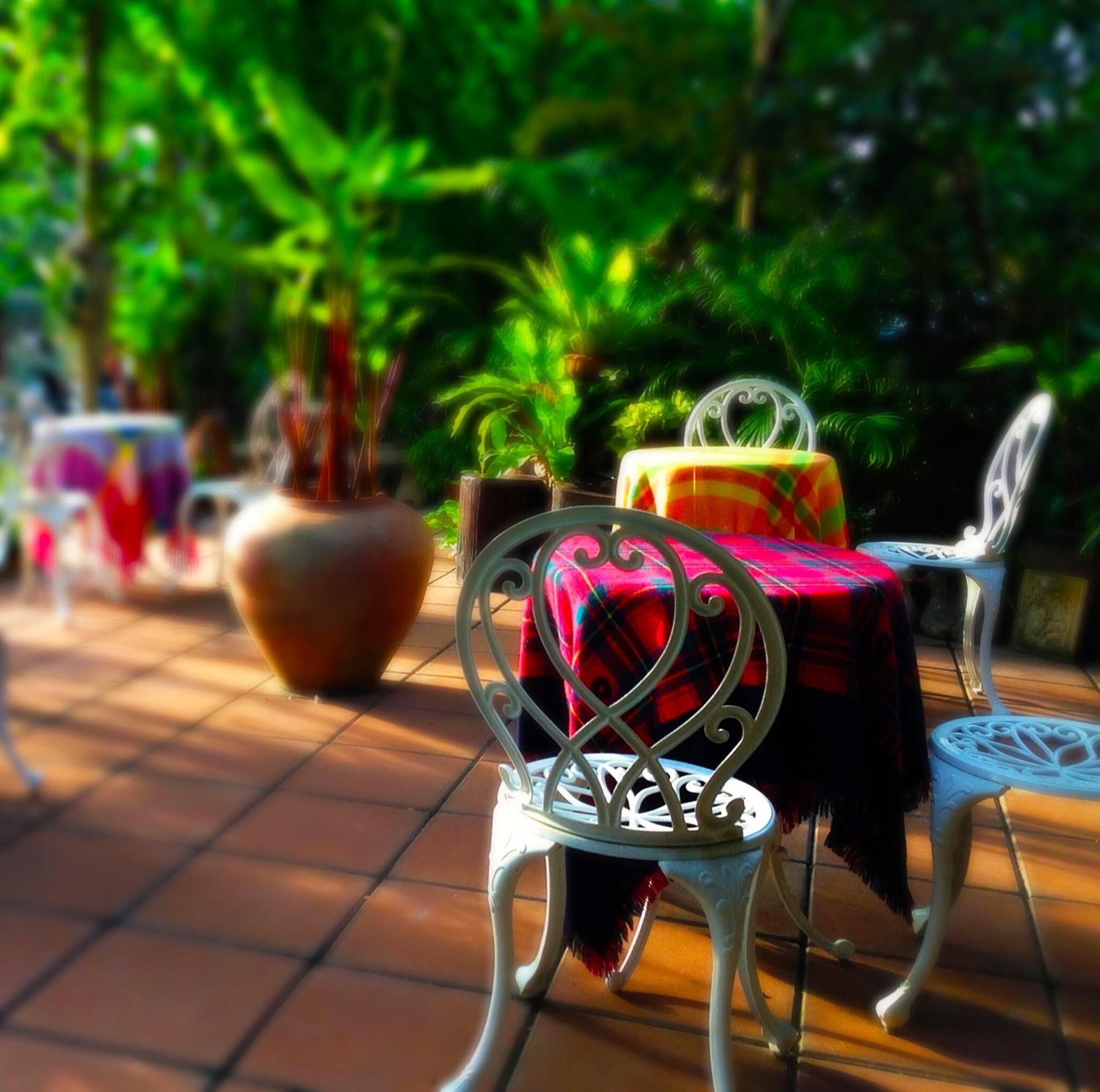 An outdoor patio with a table and chairs, surrounded by potted plants and a tiled floor.