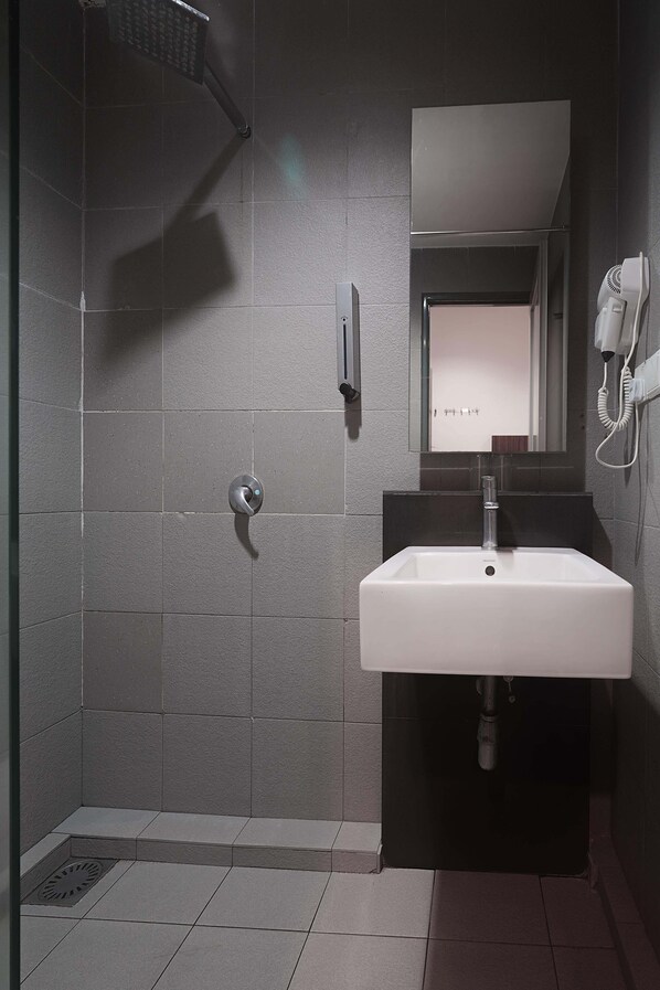 A modern bathroom with a shower, a sink, and a mirror.