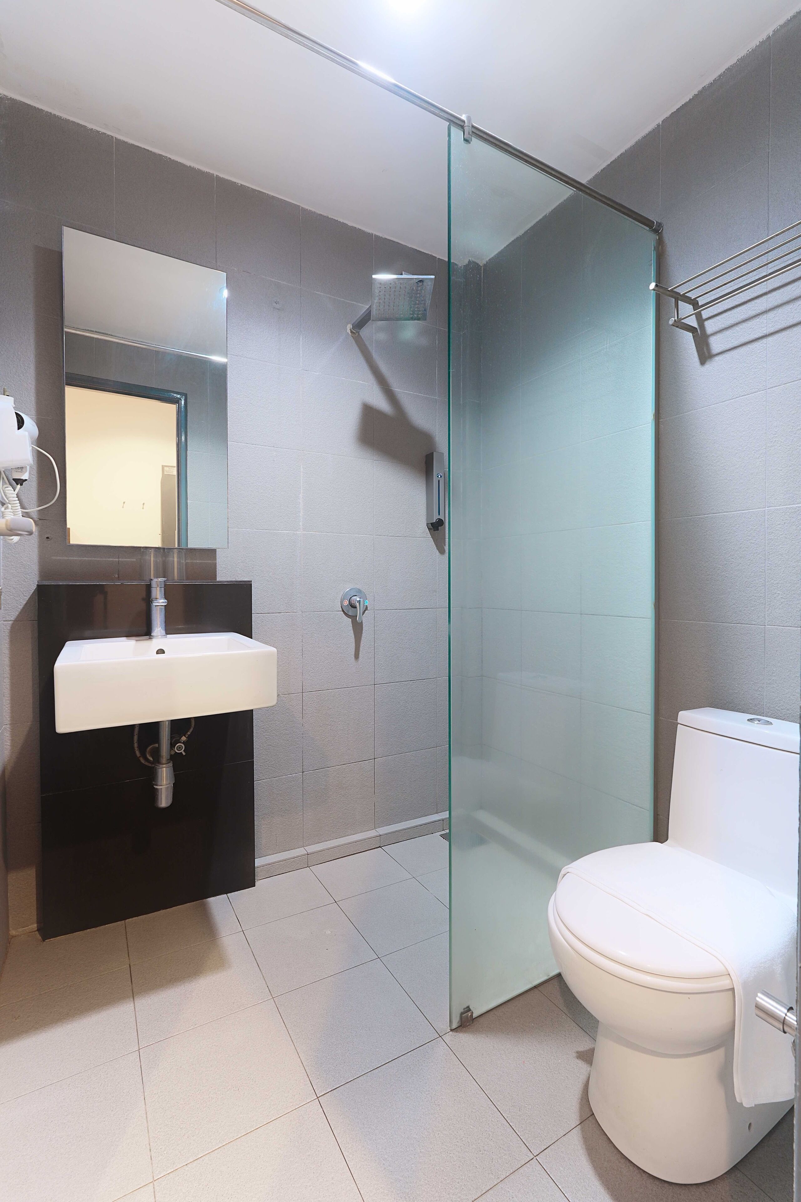 A modern bathroom with a glass shower enclosure, a white sink, and a toilet.