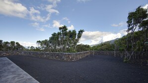 Un espace aménagé avec un mur de pierres, des arbres et un ciel dégagé.