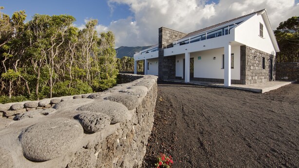 Une maison moderne avec une façade en pierre, une allée pavée et une vue sur les arbres et les montagnes.