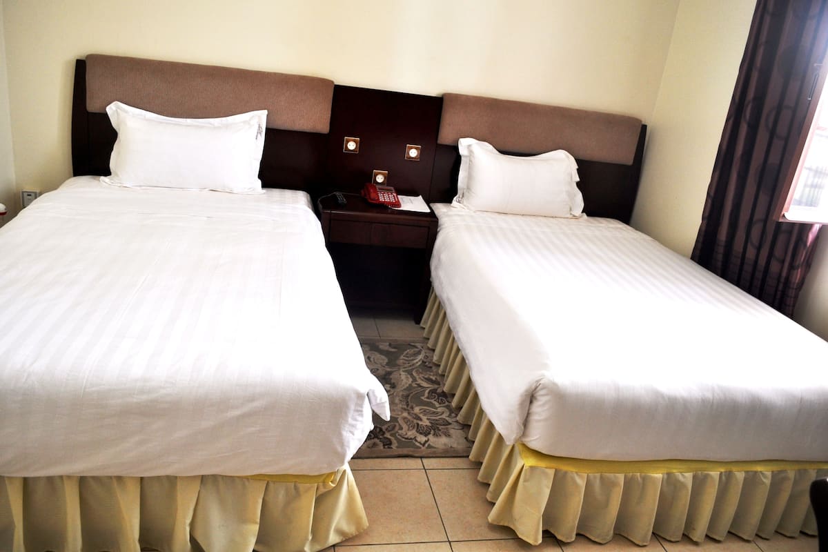 Una habitación de hotel con dos camas individuales, una mesita de noche con teléfono y una alfombra estampada.