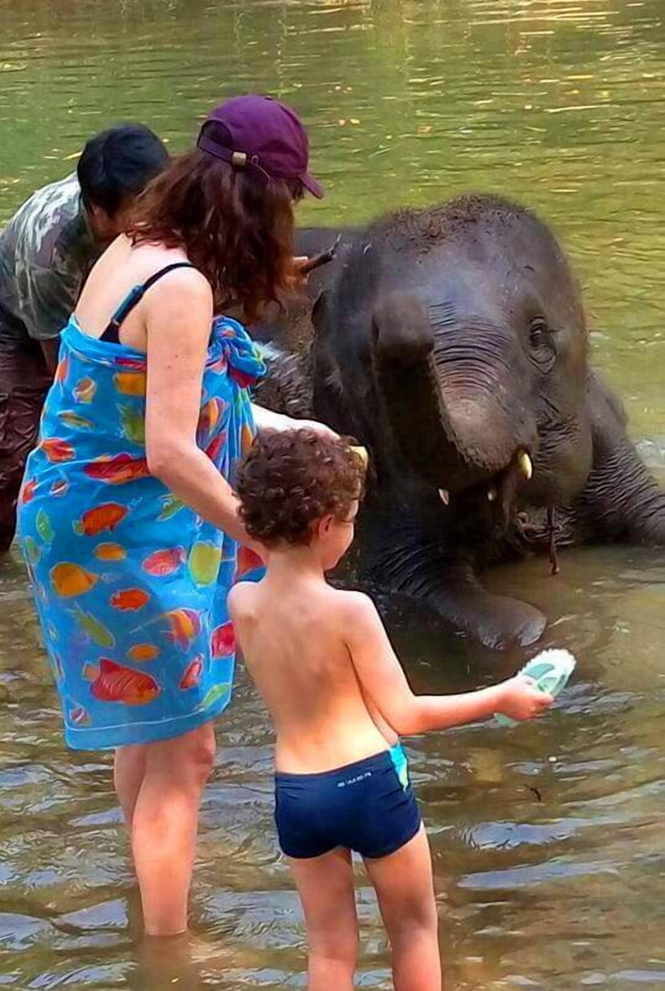 Uma pessoa de vestido azul e uma criança de sunga em água, com um elefante.