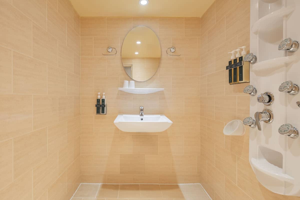 shower, hair dryer, slippers, towels