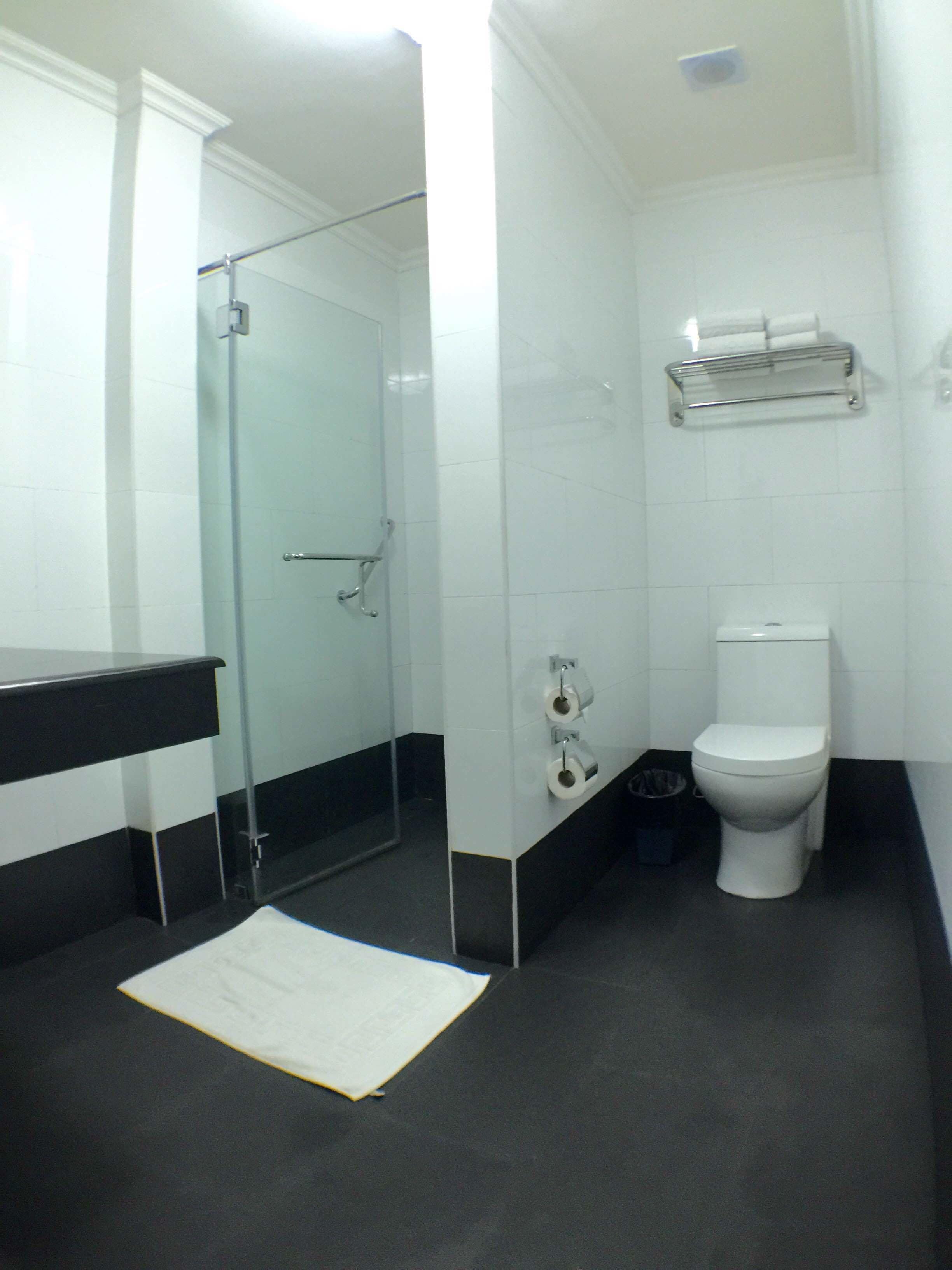 Un baño con cabina de ducha de vidrio, inodoro, toallero y encimera negra.