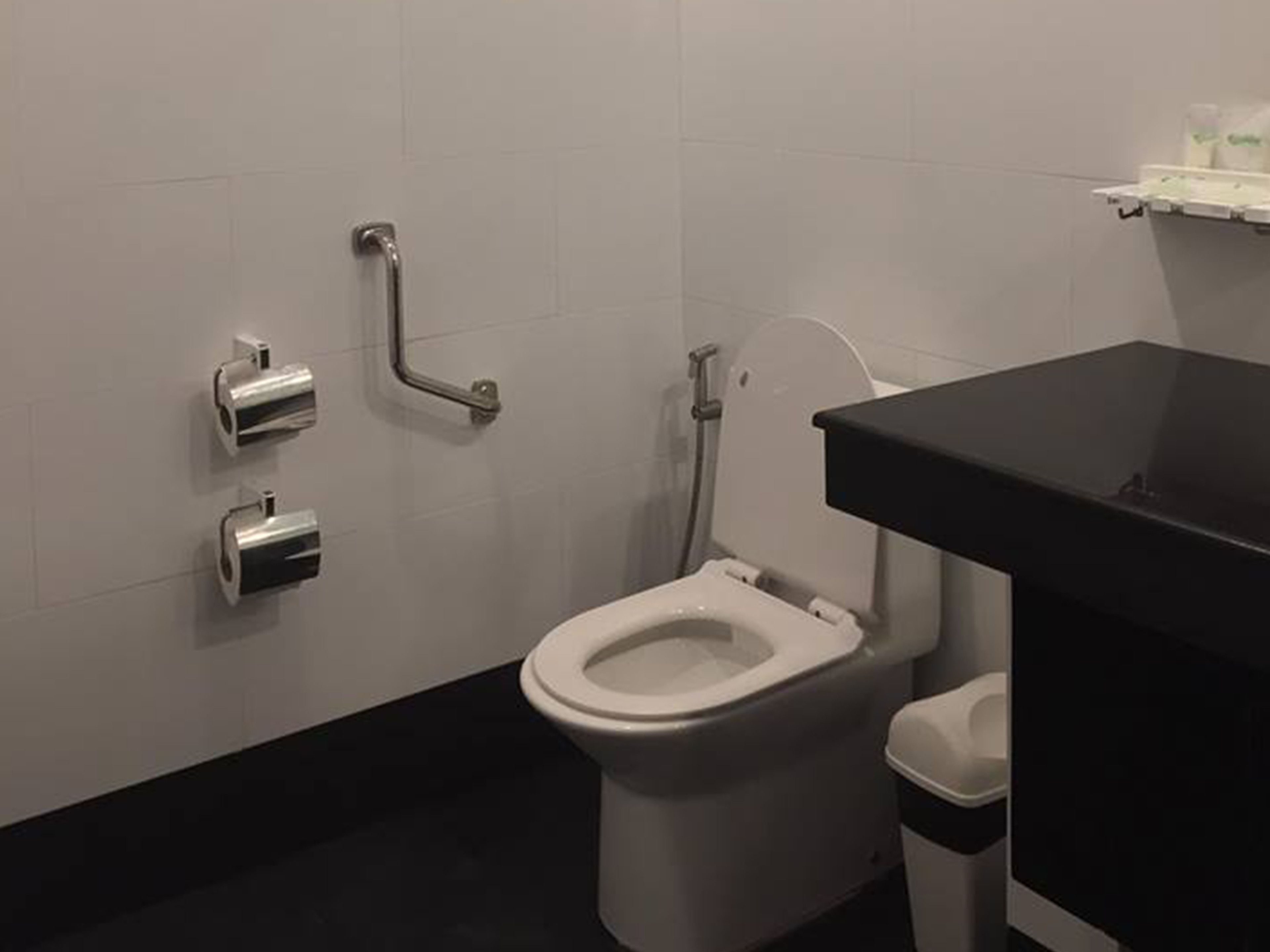 A bathroom with a white toilet, a black sink, and a handrail on the wall.
