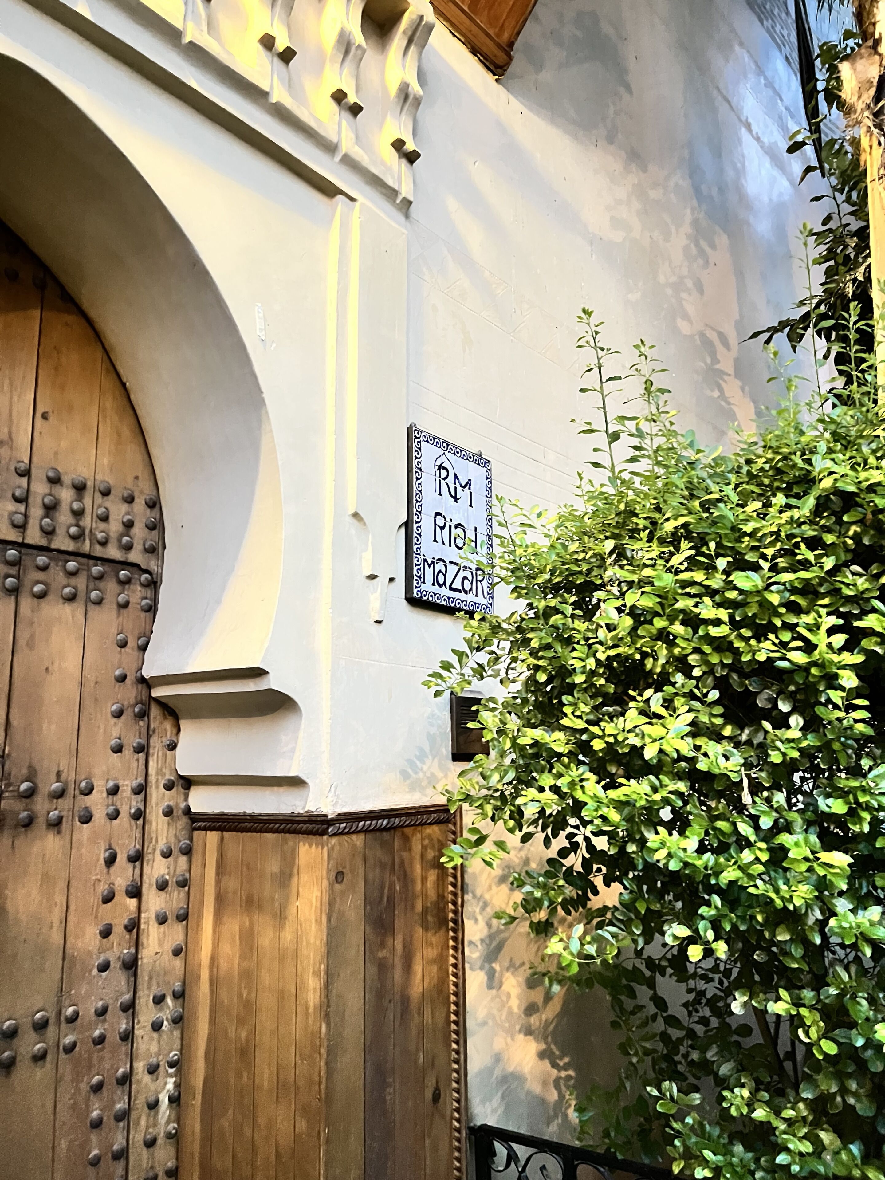 Una entrada de edificio con una puerta de madera adornada con tachuelas metálicas, un muro blanco con un letrero y un arbusto verde.