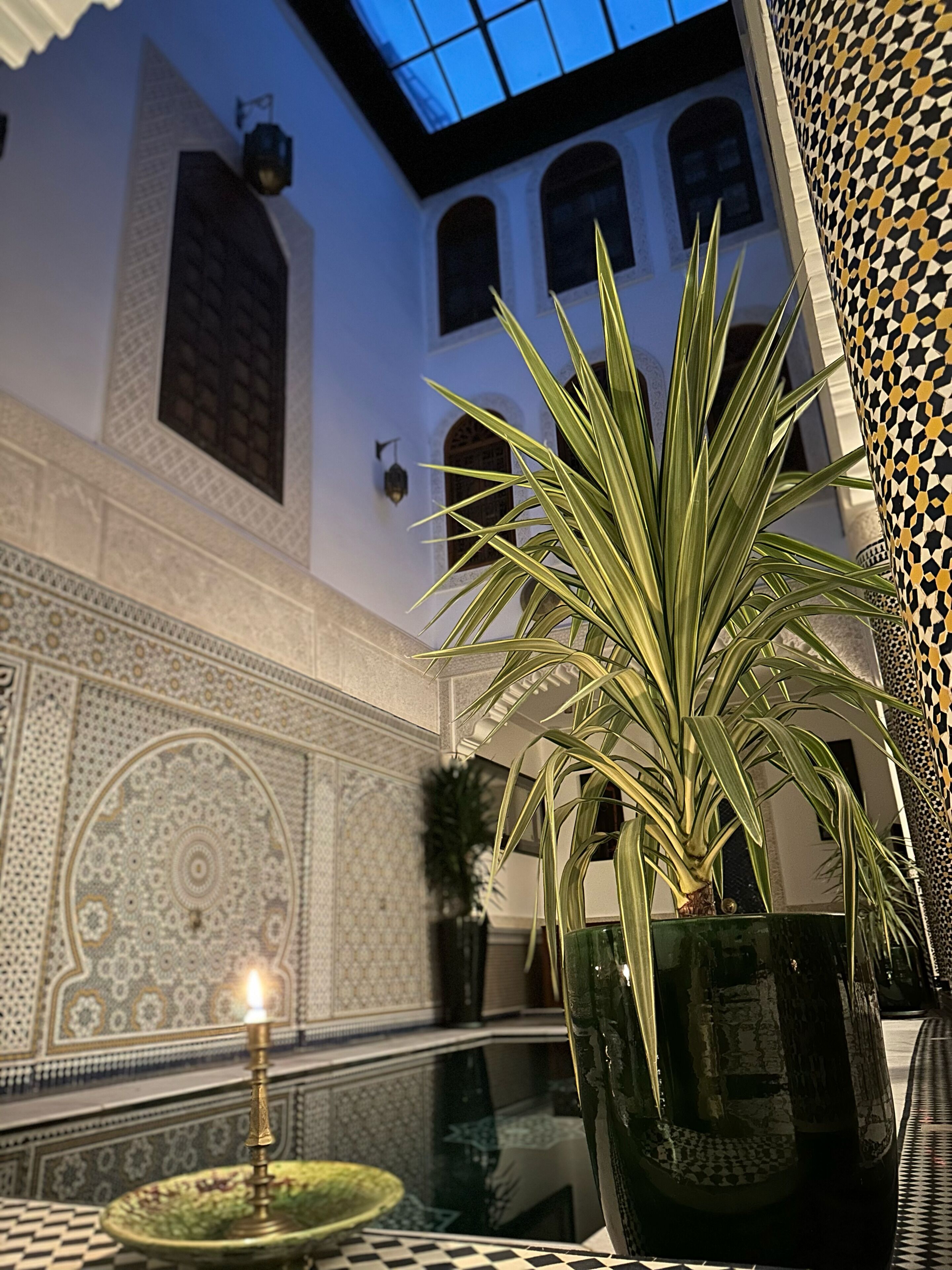A traditional interior with a patterned wall, a potted plant, and a candle on a table.