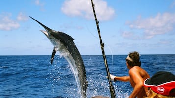 A person on a boat with a fishing rod, a large fish leaping out of the water, and a clear blue sky.