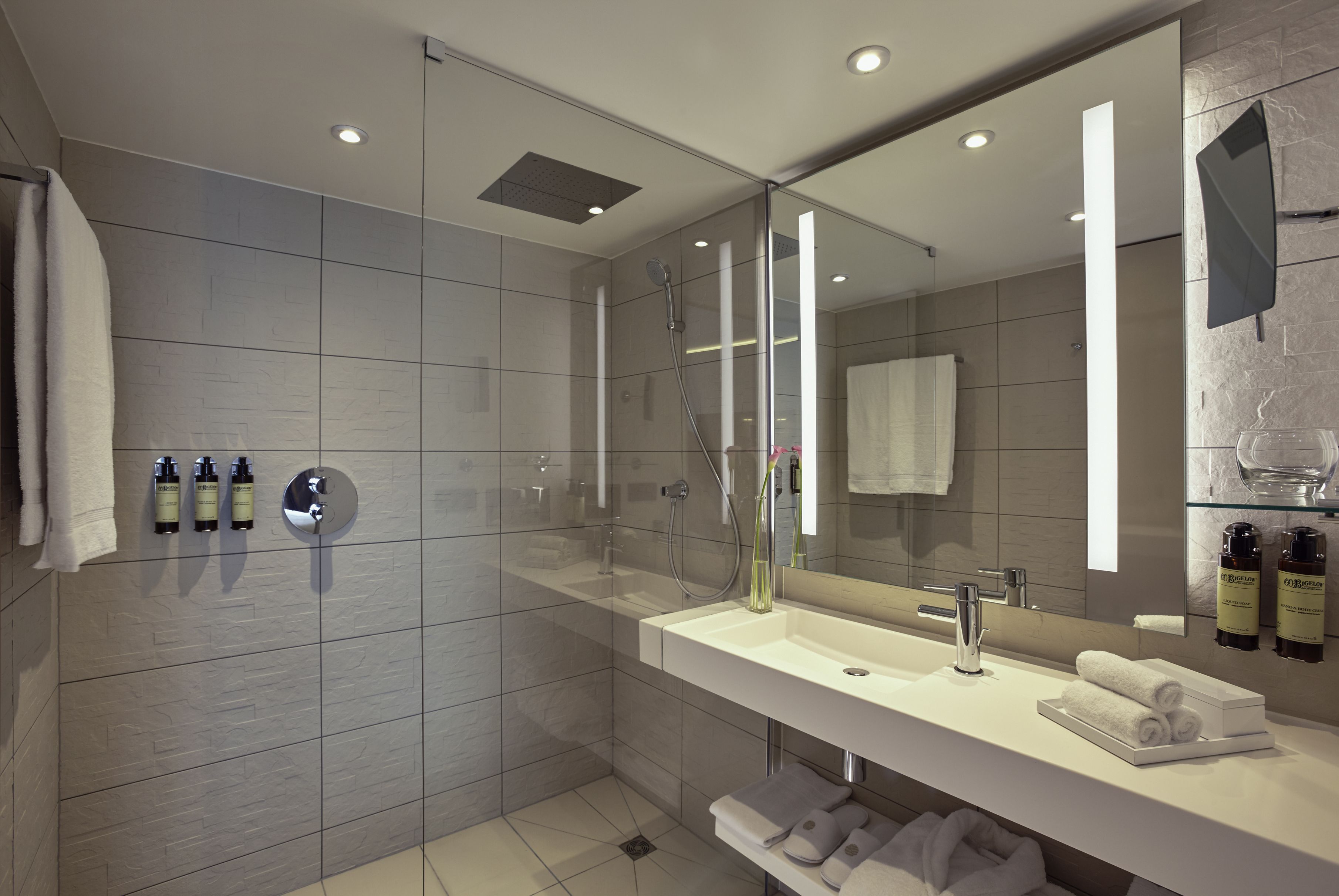 A modern bathroom with a glass-enclosed shower, a large mirror, and a white vanity with toiletries.