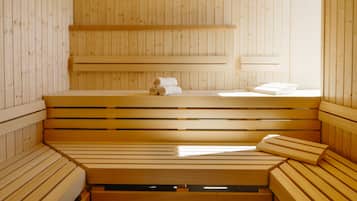 A wooden sauna with benches and a bench seat.