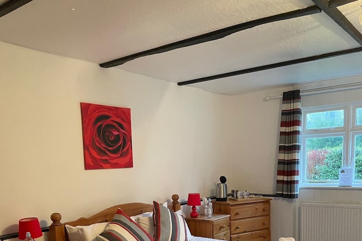 Un lit bien fait, avec des oreillers, une table de chevet surmontée d’une lampe, un tableau représentant une rose rouge accroché au mur, et une fenêtre avec des rideaux.