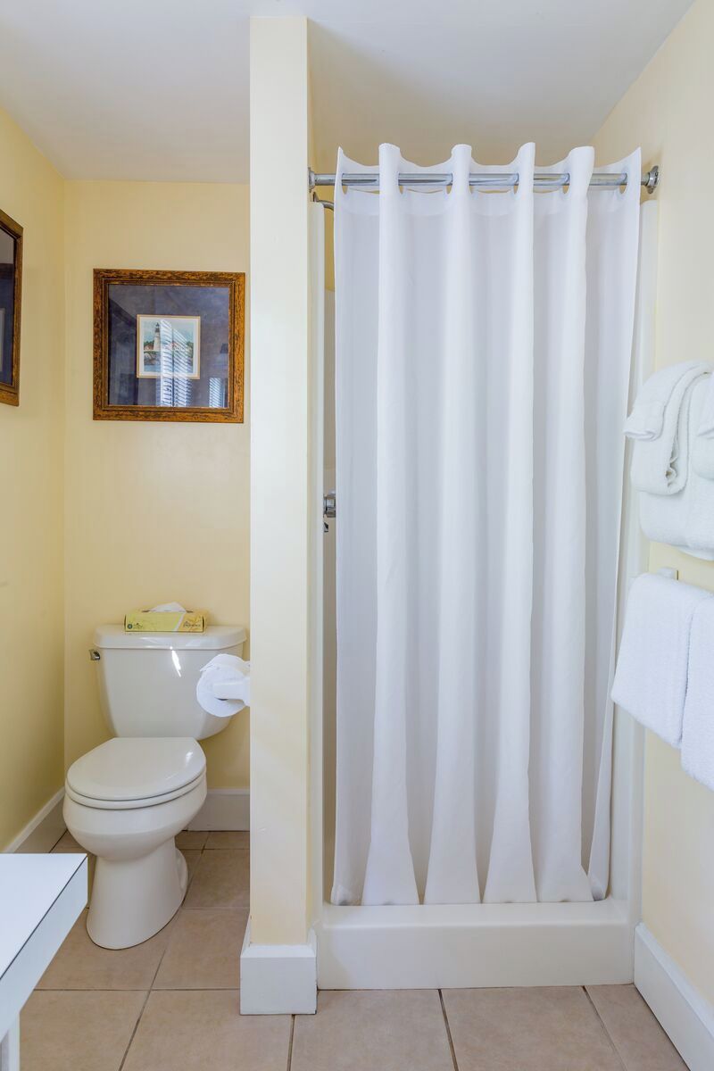 A bathroom with a toilet, a shower curtain, and a towel rack.