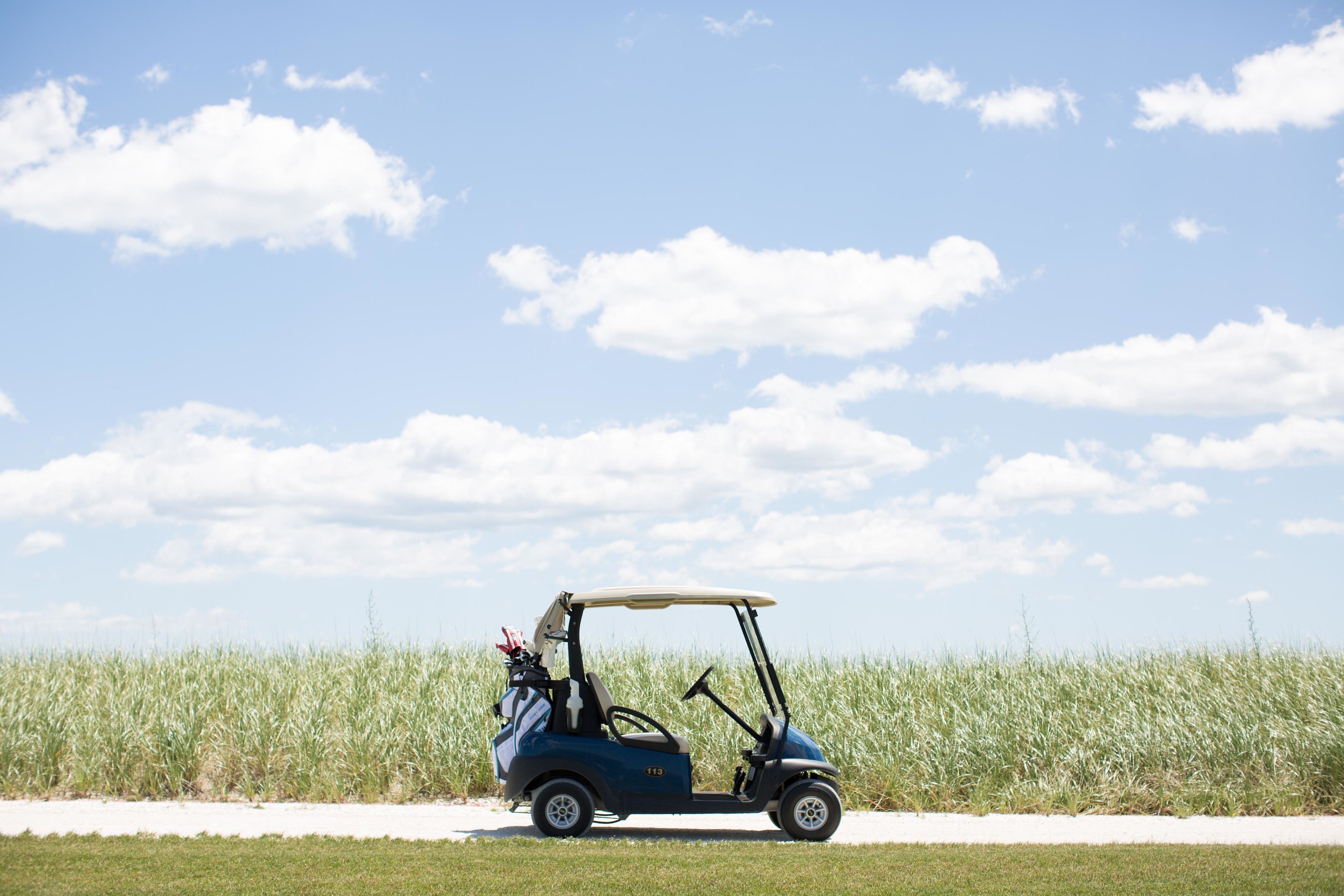 A golf cart parked on a path with a field and sky in the background.