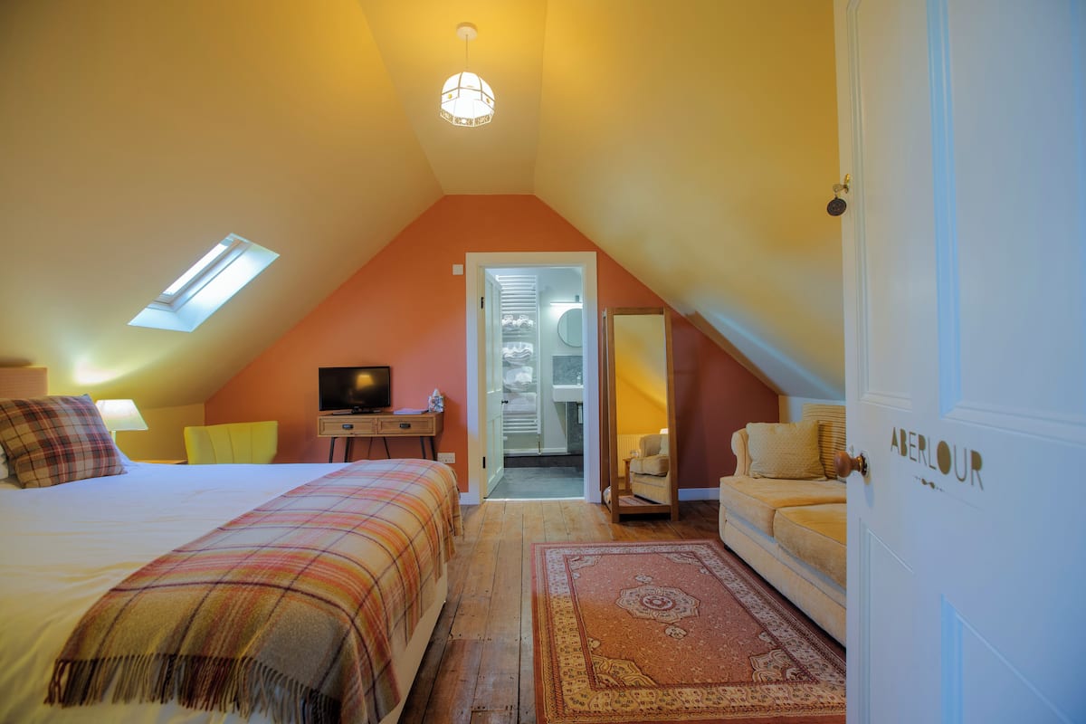 A bedroom with a bed, a desk, a chair, a sofa, a door, and a ceiling light.