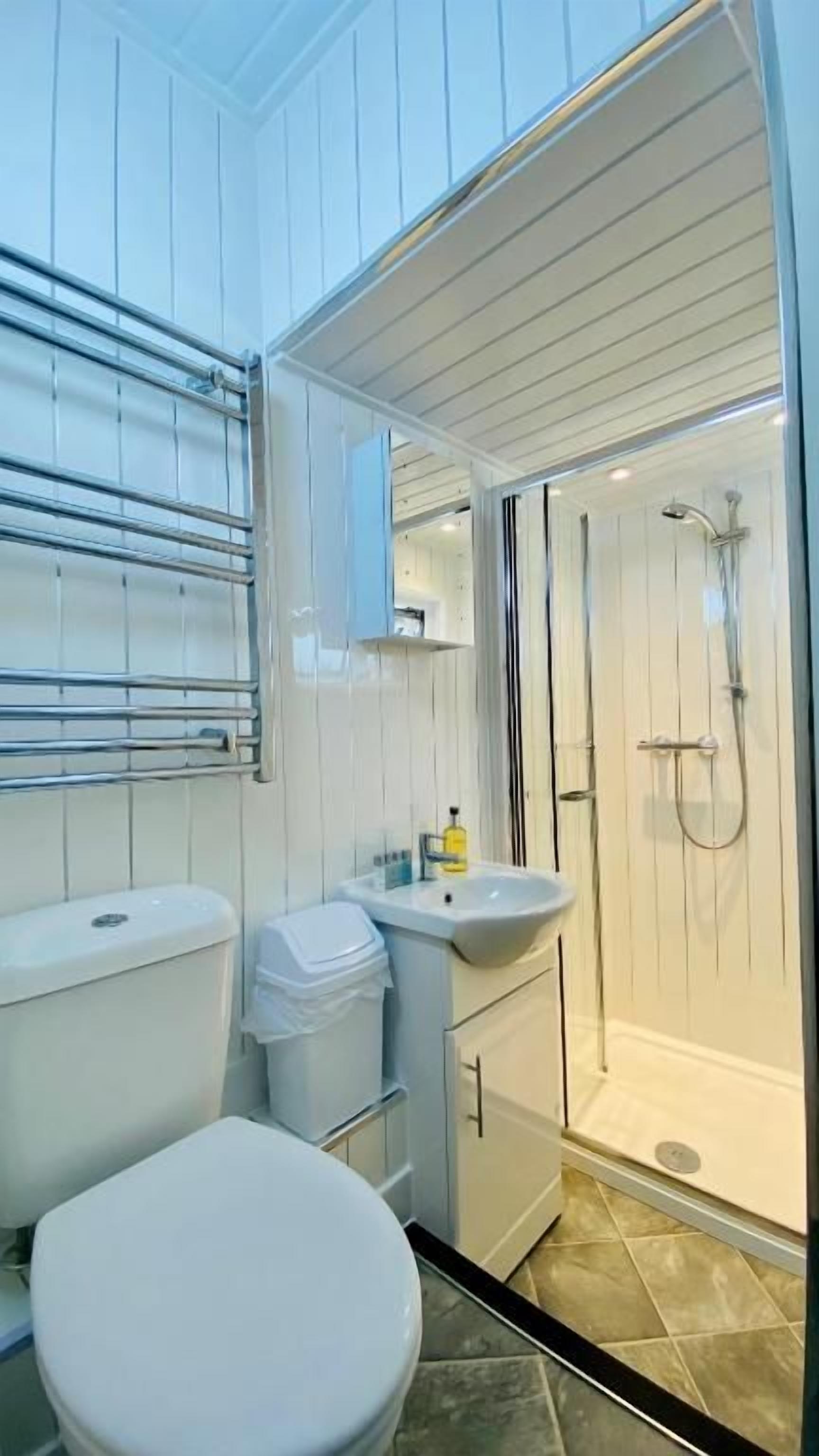 A bathroom with a toilet, sink, and shower area.