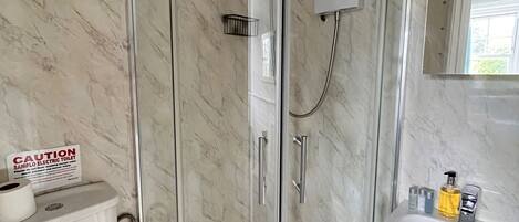 A bathroom with a glass-enclosed shower, a toilet, and a sink with a mirror above it.