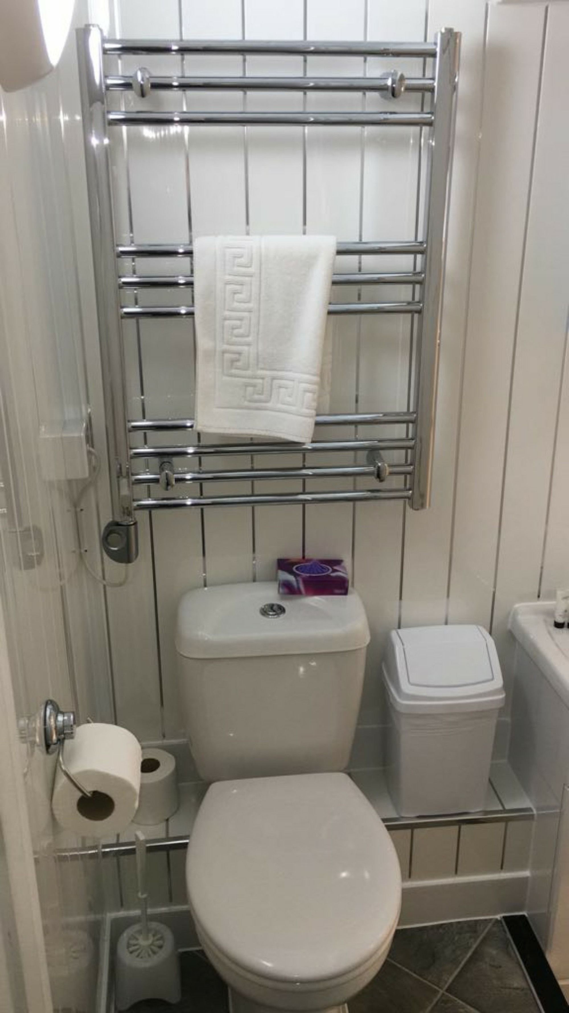 Ein Badezimmer mit Toilette, Bidet, Mülleimer und Handtuchhalter mit Handtuch.