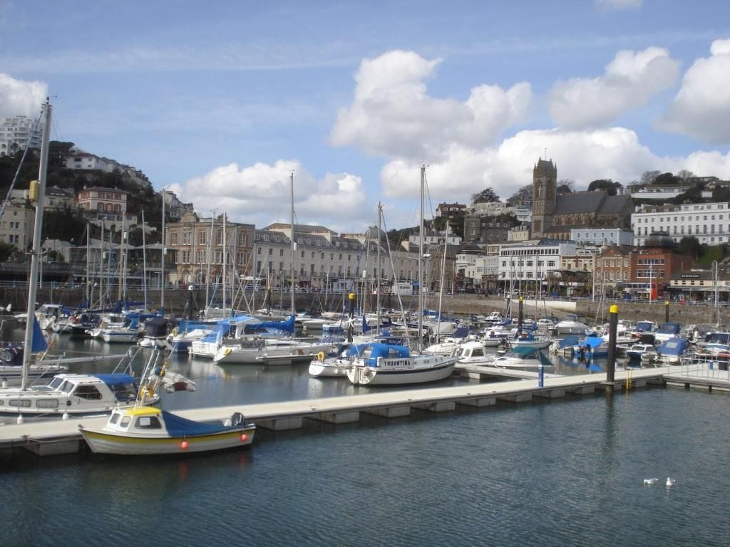 A marina with multiple boats docked, a waterfront promenade, and buildings in the background.