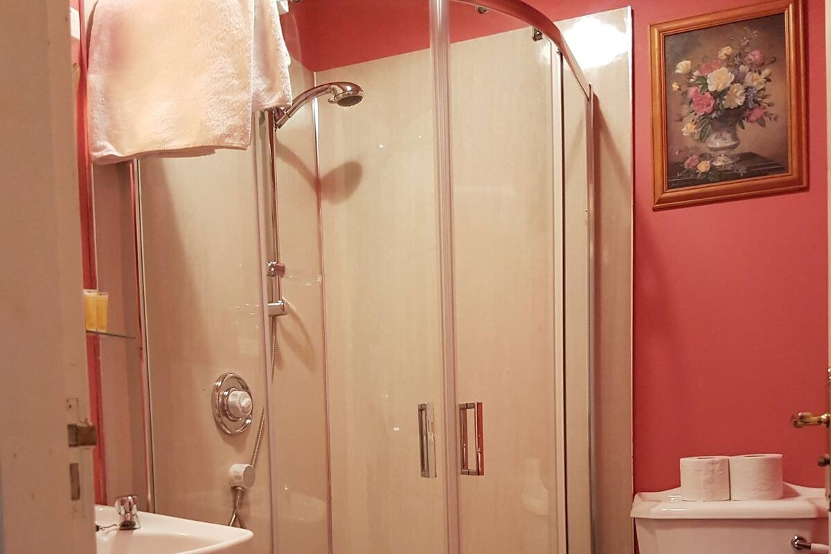 A shower with a glass door, a sink, and a toilet in a bathroom with pink walls.