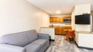 A compact living space with a sofa, kitchenette, and a flat-screen TV. - Freer Executive Inn and Studios (Freer)