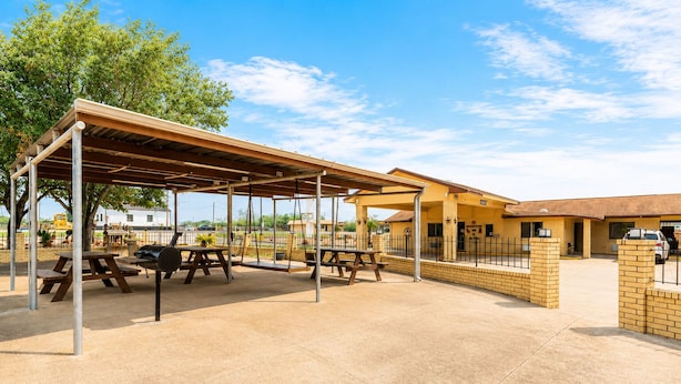 Un espace extérieur aménagé en terrasse, avec des tables de pique-nique et un coin salon abrité.