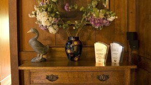 Una consola de madera con un florero, una figurita de pato y dos premios.