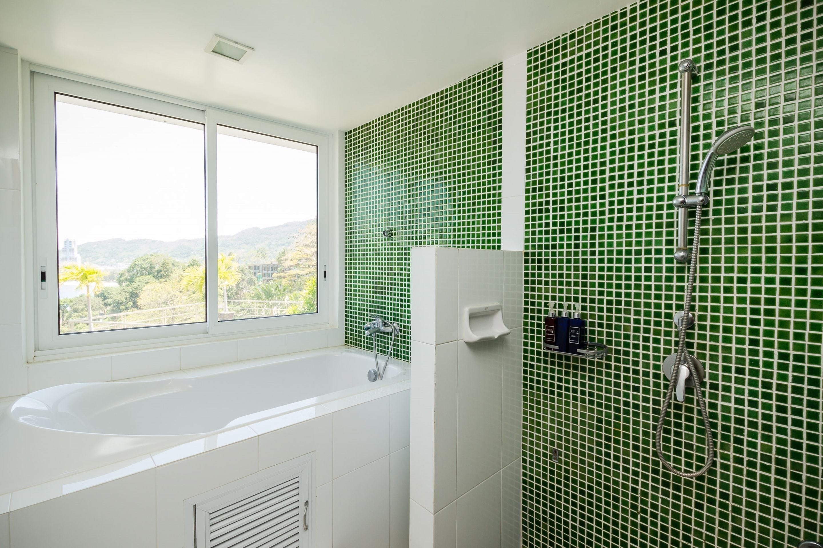 Une salle de bain moderne dotée d’une grande baignoire, d’une douche et d’une fenêtre donnant sur l’extérieur.