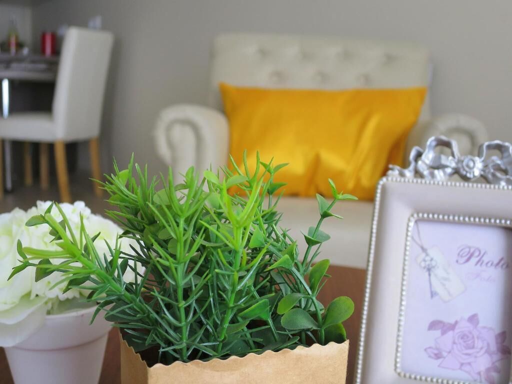 A room with a white sofa, a yellow pillow, a small potted plant, and a framed photo with a purple rose.