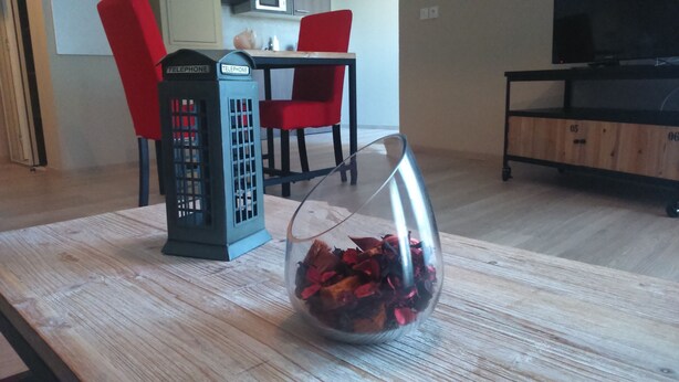 Ein Tisch mit einer Glaskaraffe, gefüllt mit getrockneten Blumen, eine schwarze Telefonzelle und rote Stühle in einem Raum mit Holzboden.
