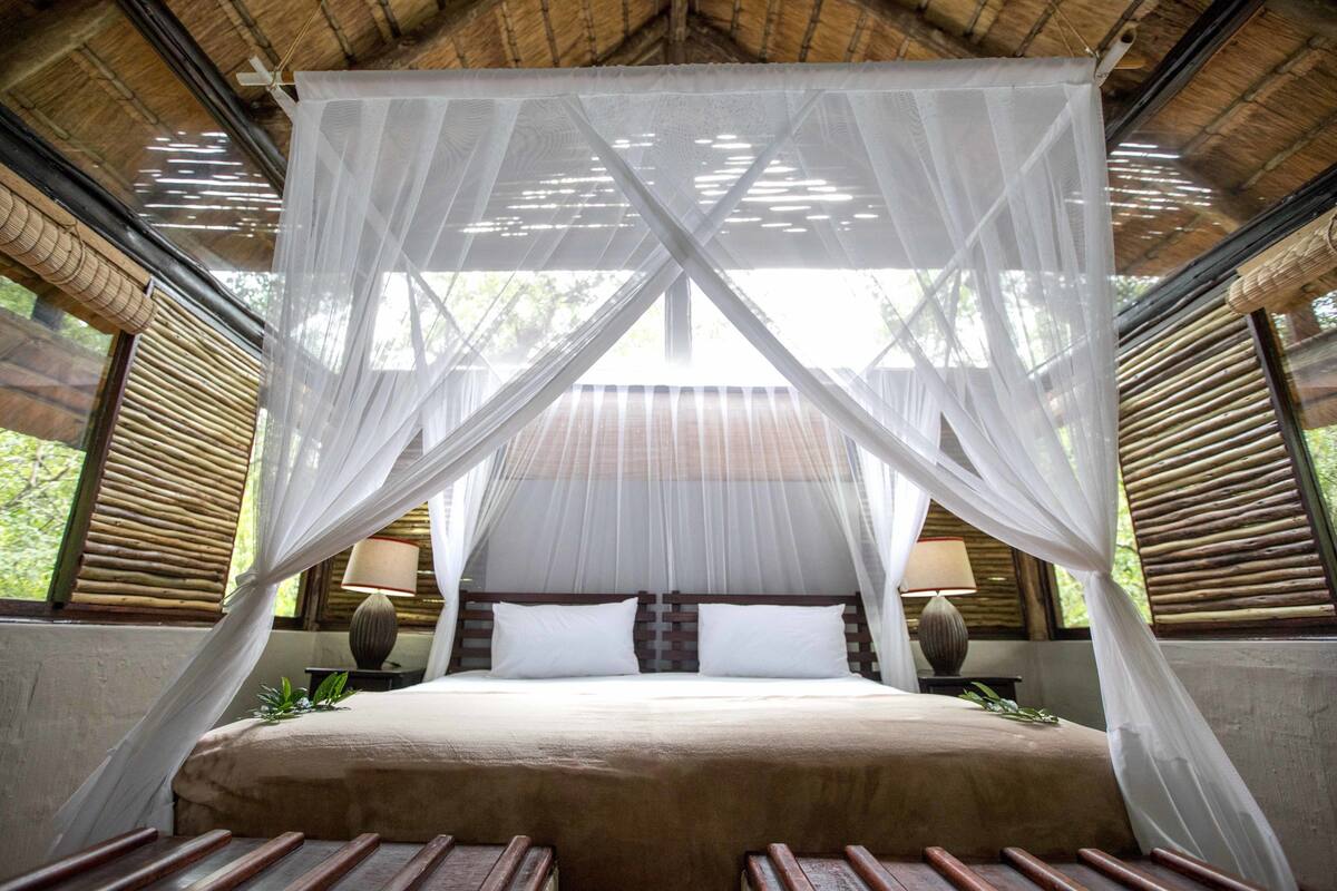 A bed with a canopy, wooden headboard, and bedside lamps.