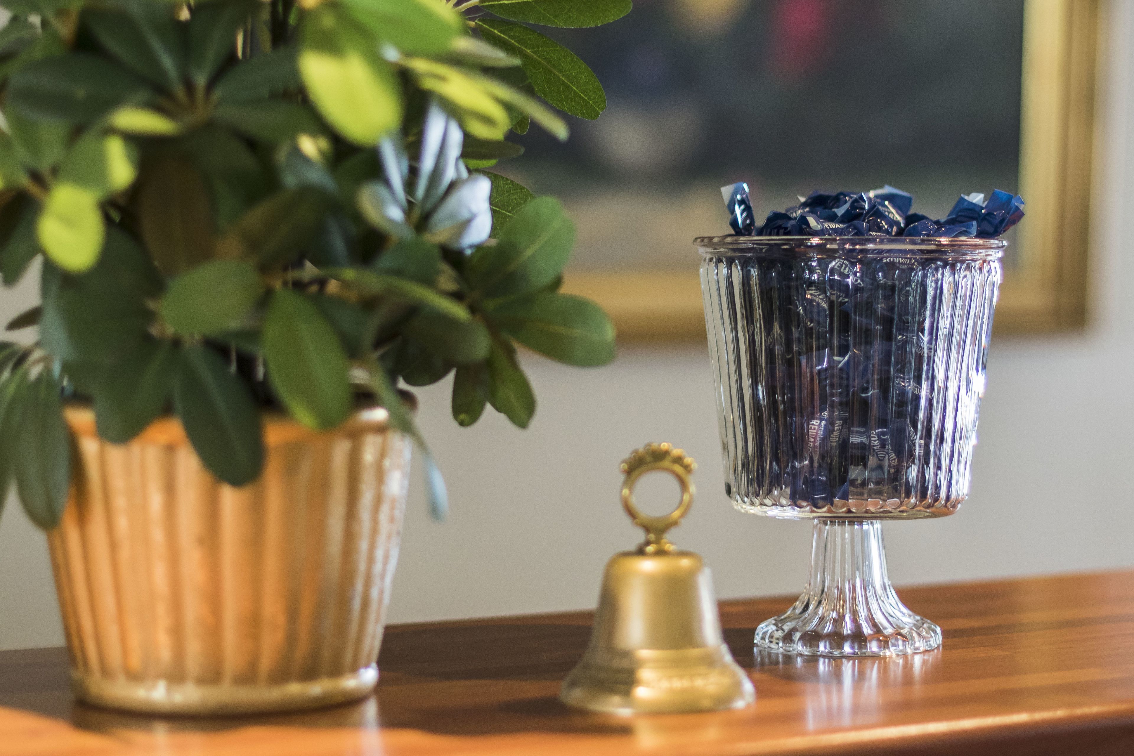A clear glass bowl filled with blue candies, a gold bell, and a potted plant on a wooden surface.
