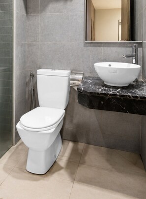 A bathroom with a toilet, a sink, and a mirror.
