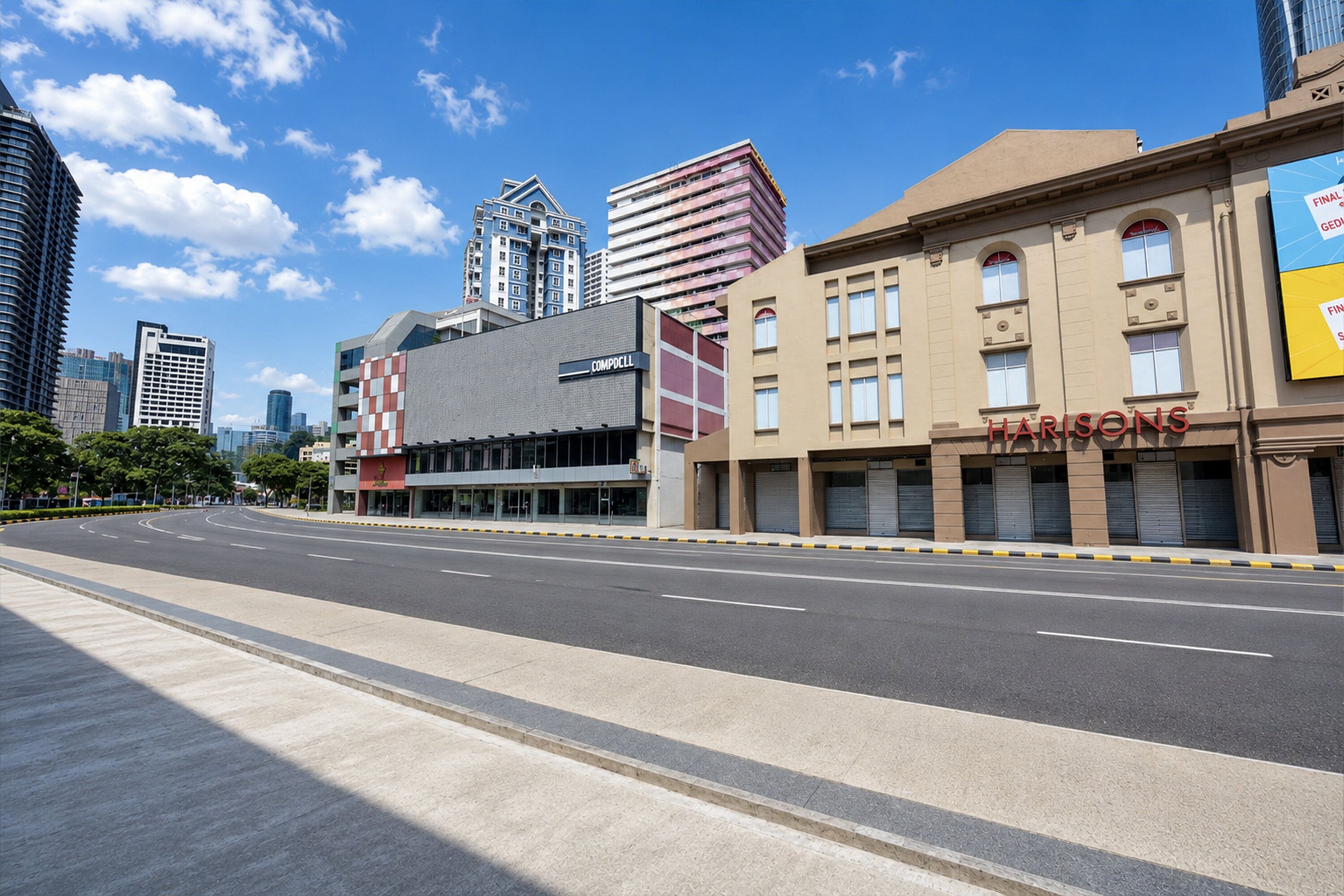 Une rue de la ville bordée de bâtiments modernes, dont un magasin dont l’enseigne « HARISONS » est bien visible.