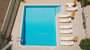 A rectangular swimming pool with a tiled edge, surrounded by lounge chairs and umbrellas. - Floral Hotel (Hersonissos)
