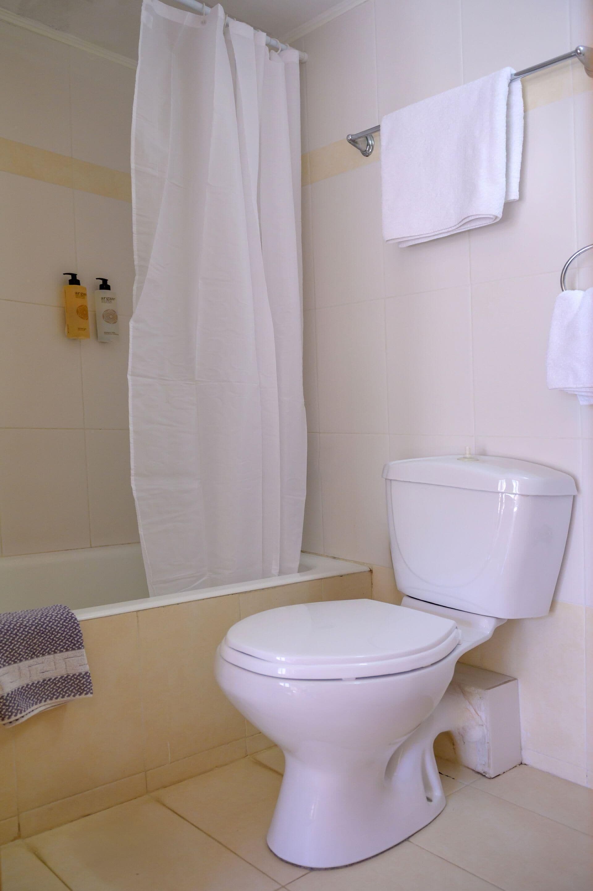 A bathroom with a toilet, a bathtub, and a shower curtain.