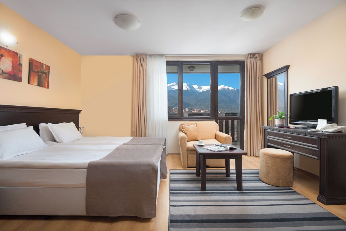 A hotel room with a bed, a desk, a chair, a TV, and a view of mountains.
