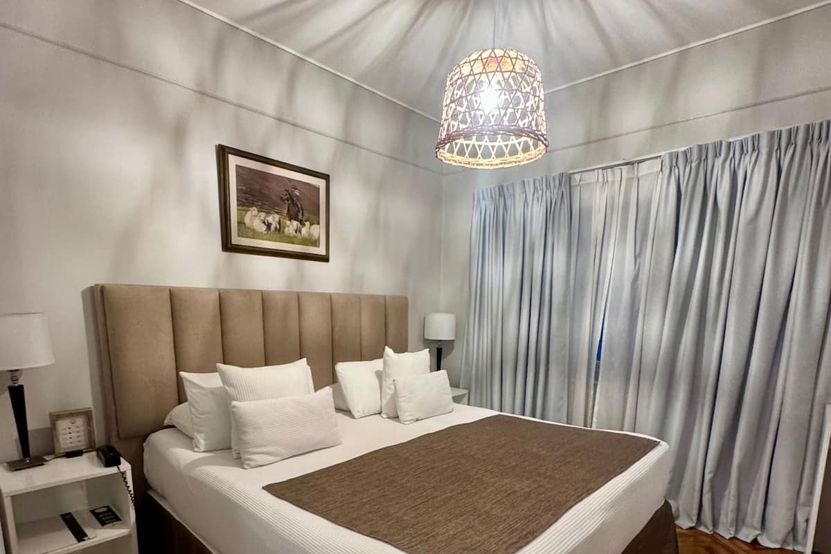A neatly arranged bedroom with a large bed, a bedside table, a lamp, and a hanging light fixture.