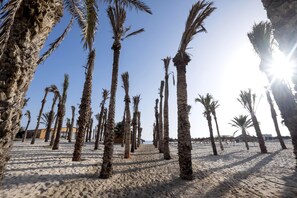 Aan een privéstrand, ligstoelen, parasols, beachvolleybal
